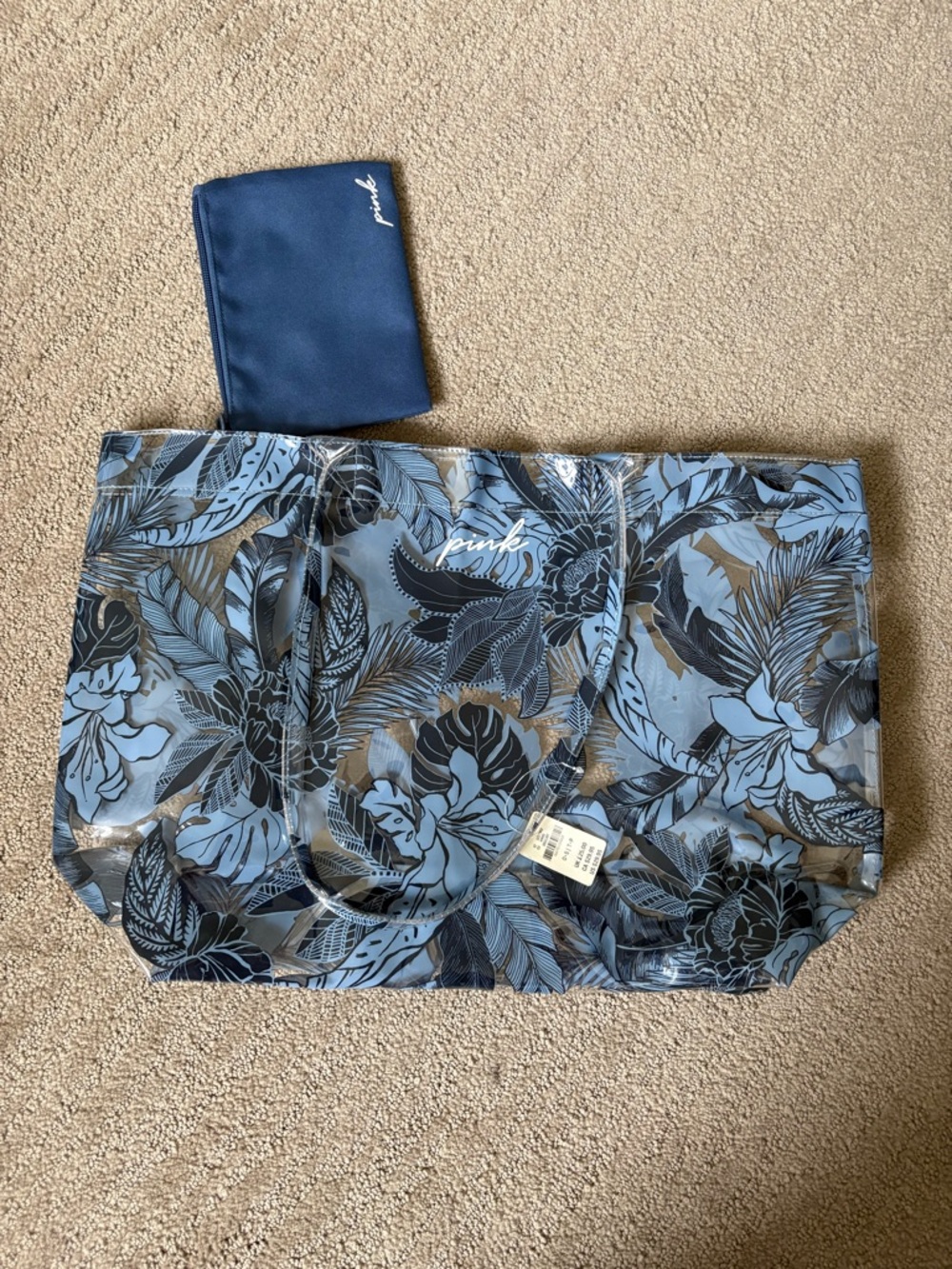PINK Victoria's Secret Blue and Black Floral Clear Tote with Pouch